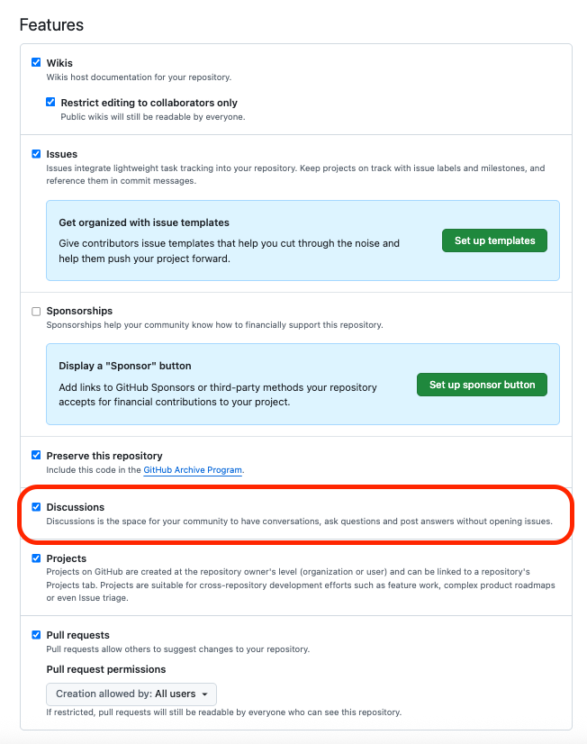 GitHub 리포 Settings → General → Features 섹션, Discussions 체크박스가 강조됨